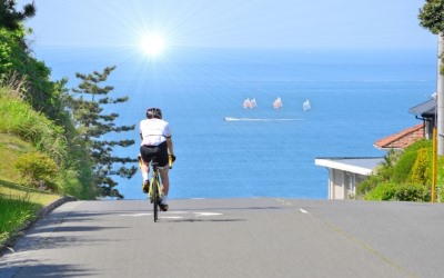 太陽に向かって走る自転車