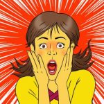驚いた表情の女性のイラスト。黄色い服を着た女性が目を大きく見開き、両手で頬を押さえている。背景には赤と白の放射状の線が広がり、衝撃や驚きを強調している。英語の「awesome」の驚きの意味や、感情表現を説明する記事のアイキャッチ画像。